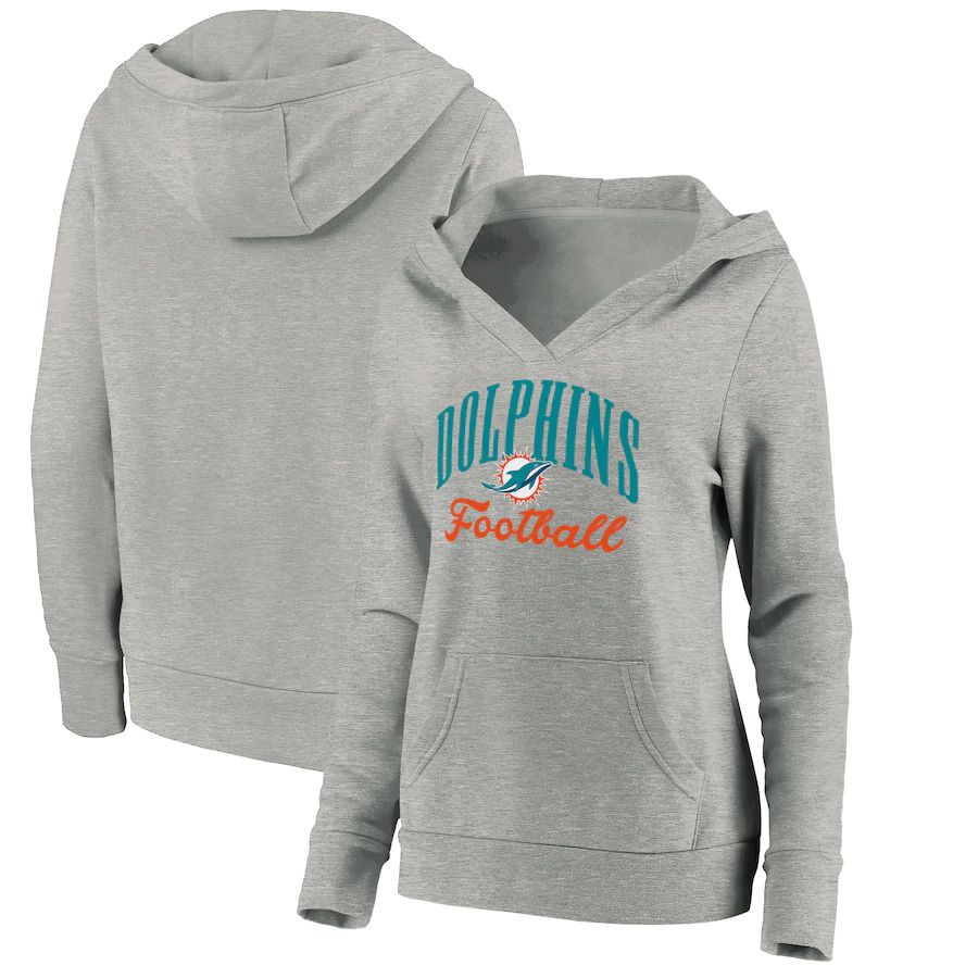Women Miami Dolphins Fanatics Branded Heathered Gray Victory Script V-Neck Pullover Hoodie
